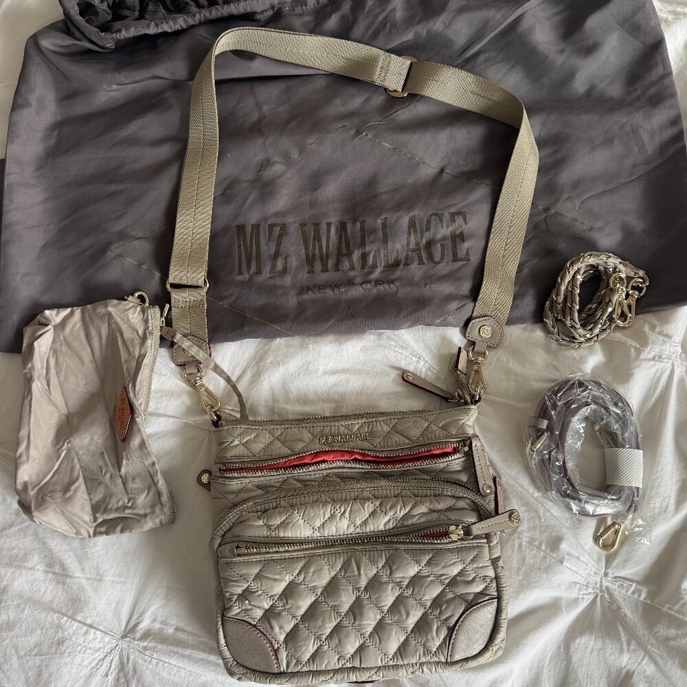 MZ Wallace Quilted Crossbody Bag – Taupe/Mushroom | Adjustable Strap +Clip Pouch
